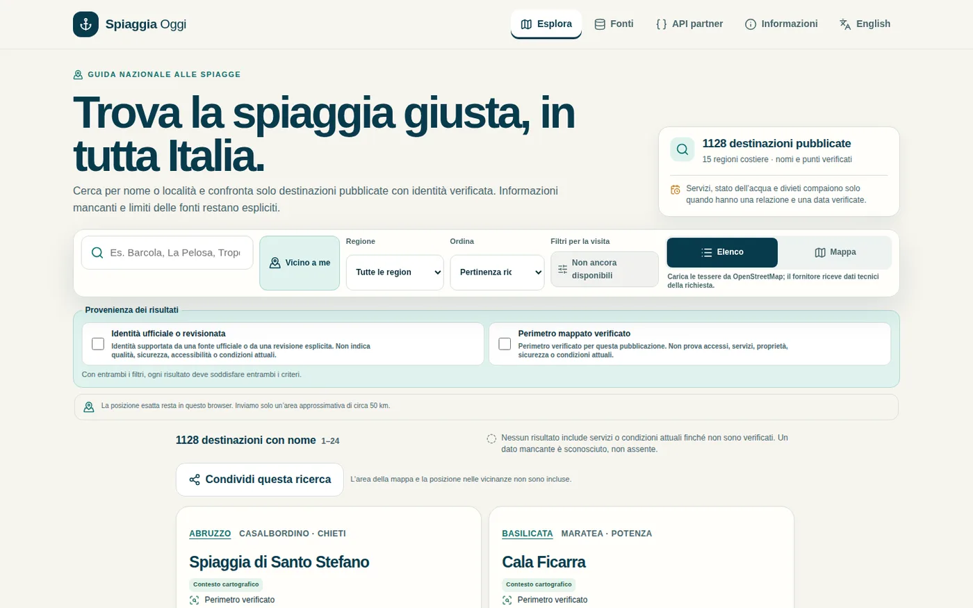 Spiaggia Oggi discovery page showing provenance filters and named Italian beach destinations
