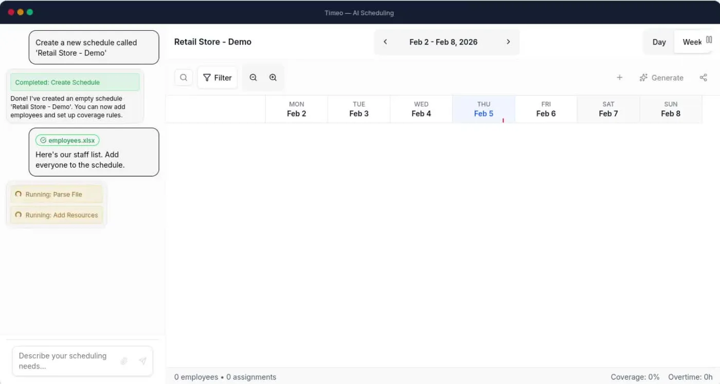 Timeo demo showing an AI-assisted retail schedule being created from an uploaded employee file