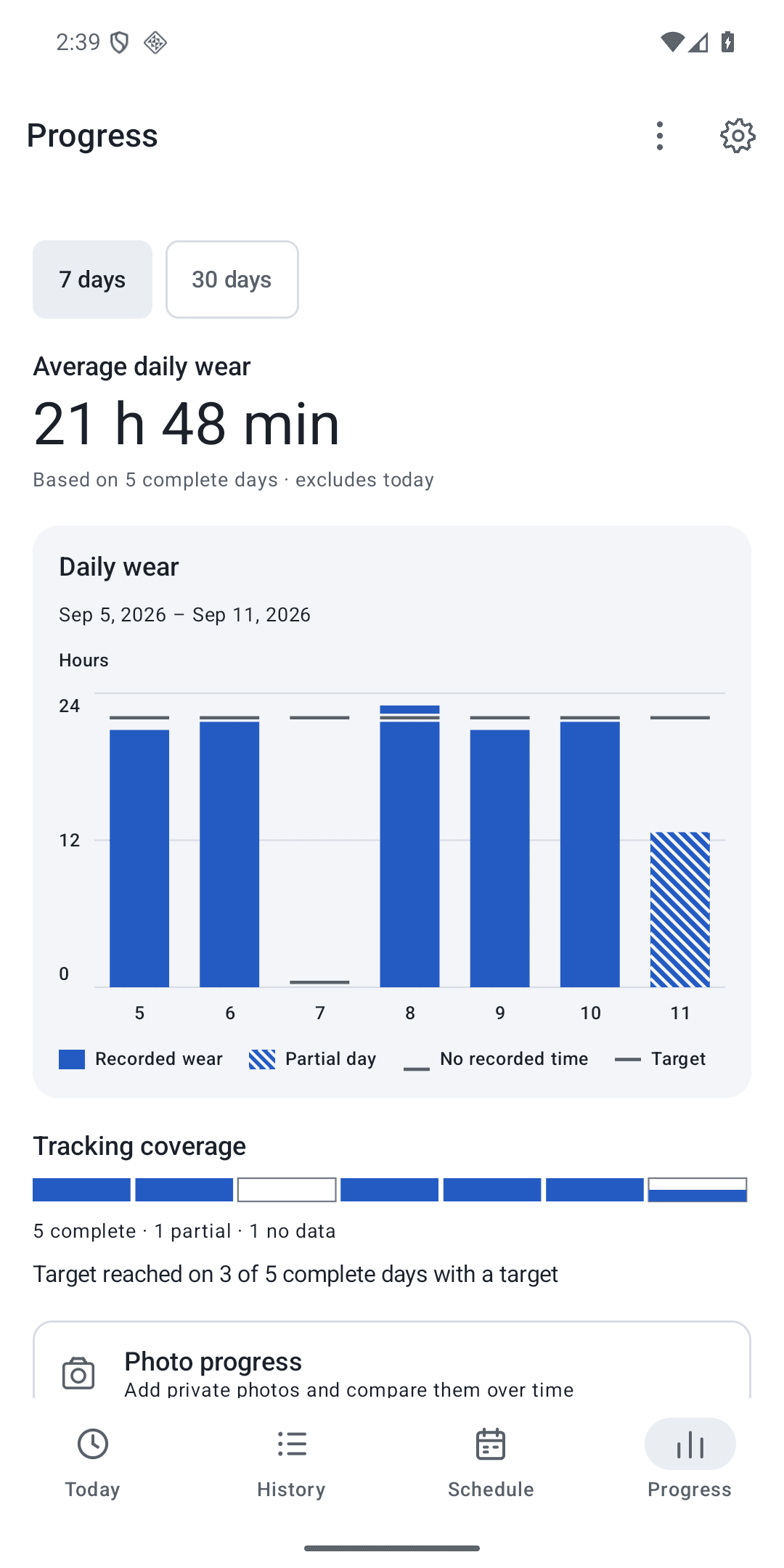 Aligner Tracker Progress screen showing wear summaries and access to private progress photos