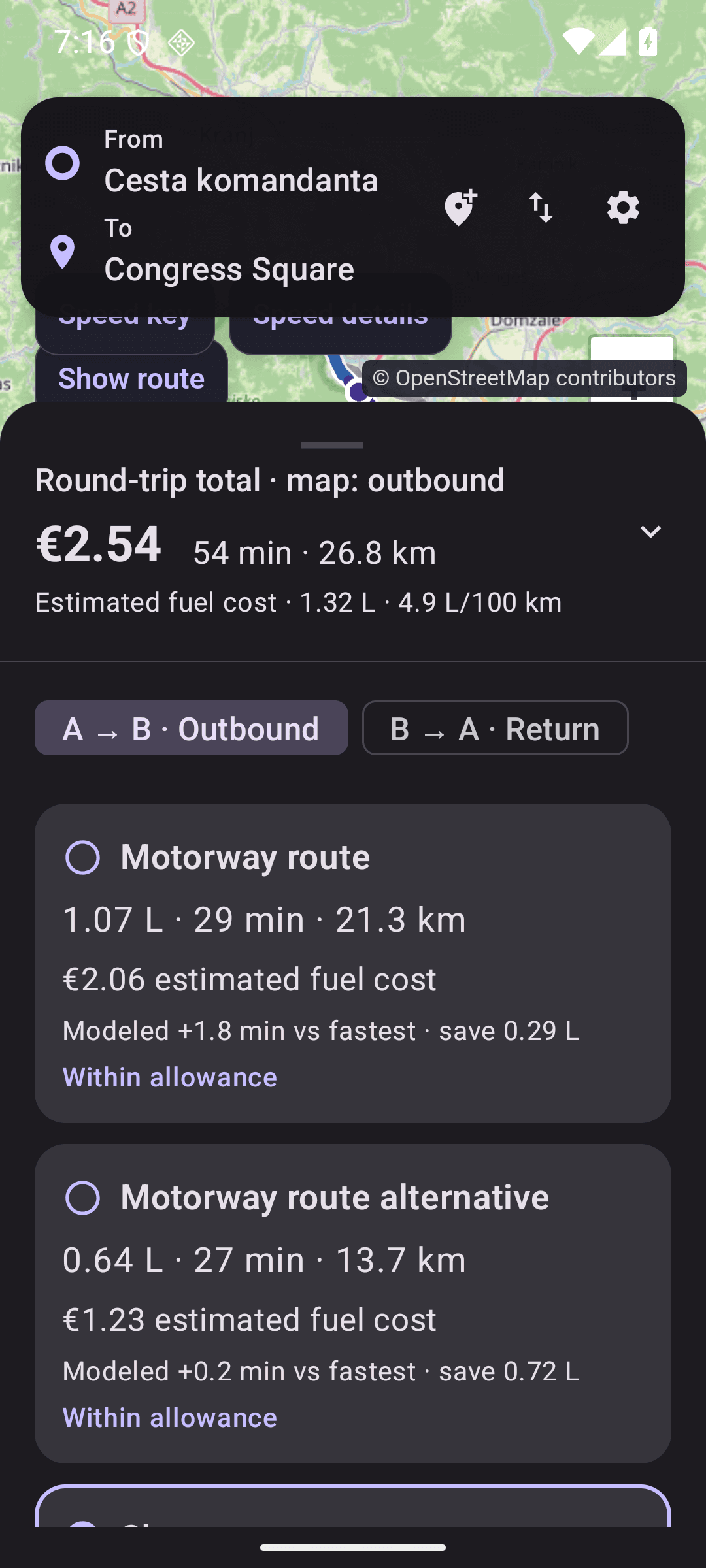 Eco Route return-trip results with route alternatives and fuel estimates