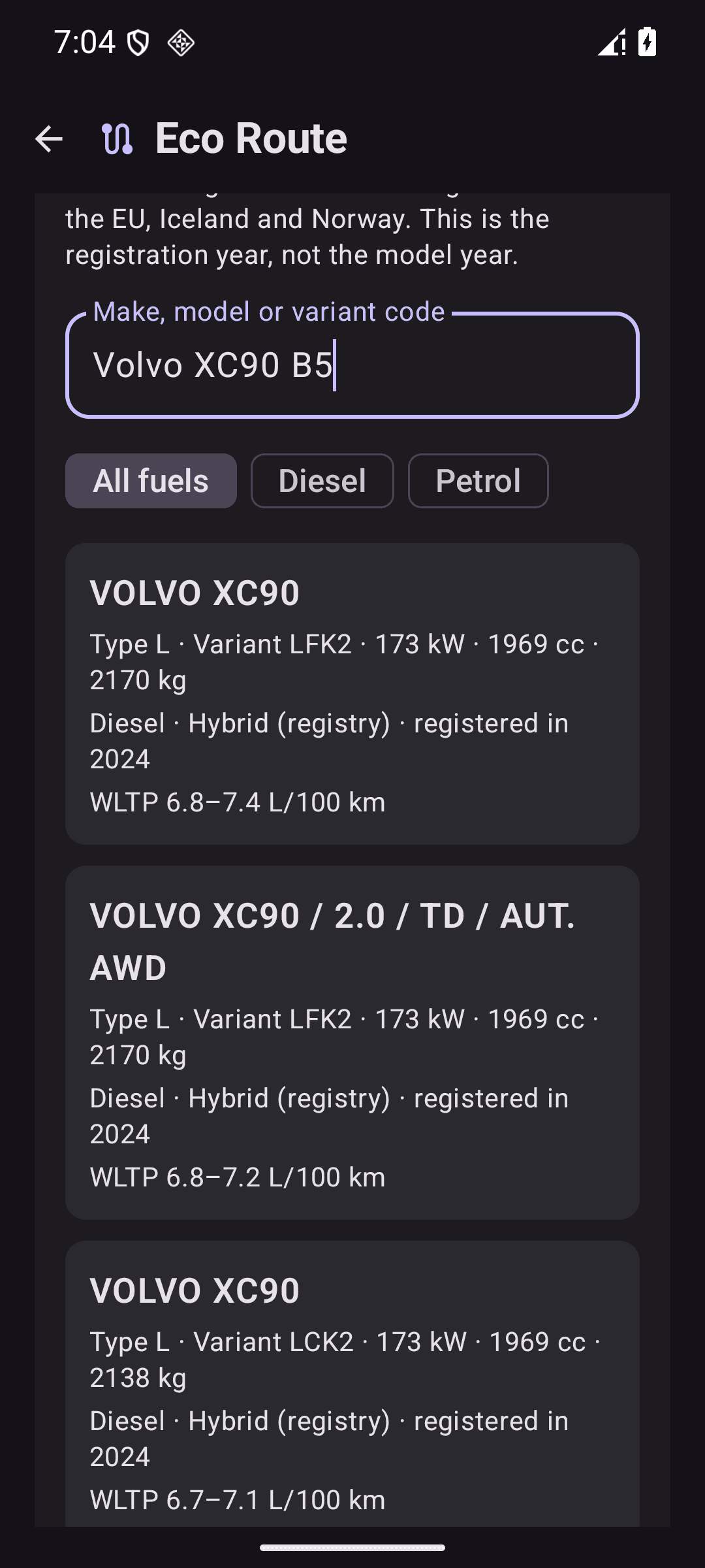 Eco Route offline car search displaying Volvo XC90 reference entries