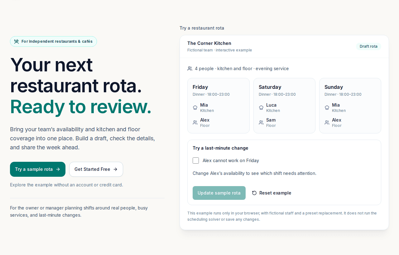 Timeo fictional restaurant rota with kitchen and floor assignments and an availability-change control